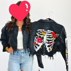 New Floral Denim Jacket Black Flower Butterfly Bones Skeleton Distressed…